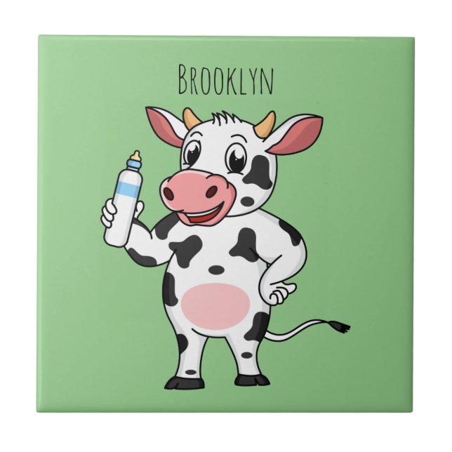 Azulejo Vaca feliz con personalizado de biberón (Frente)