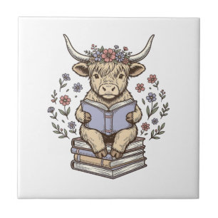 Azulejo Vaca Floral Leyendo Libros Diseño Vintage Apilado_