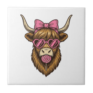 Azulejo Vaca Highland adorable con gafas de corazón rosa V