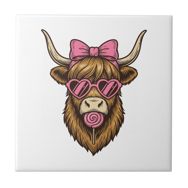 Azulejo Vaca Highland adorable con gafas de corazón rosa V (Frente)