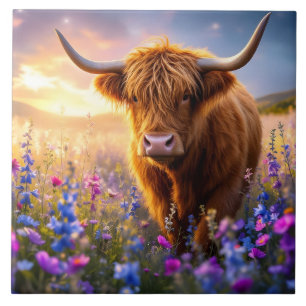 Azulejo Vaca Highland en un campo de flores coloridas