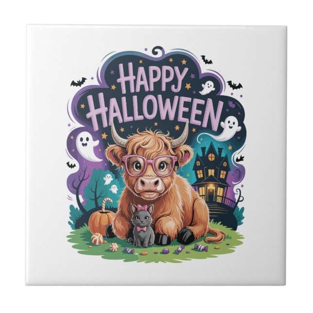 Azulejo Vaca Highland Linda de Halloween (2) (Frente)