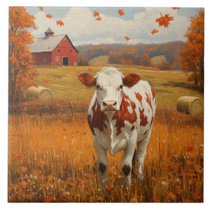 Azulejo Vaca lechera paisaje de granja de otoño