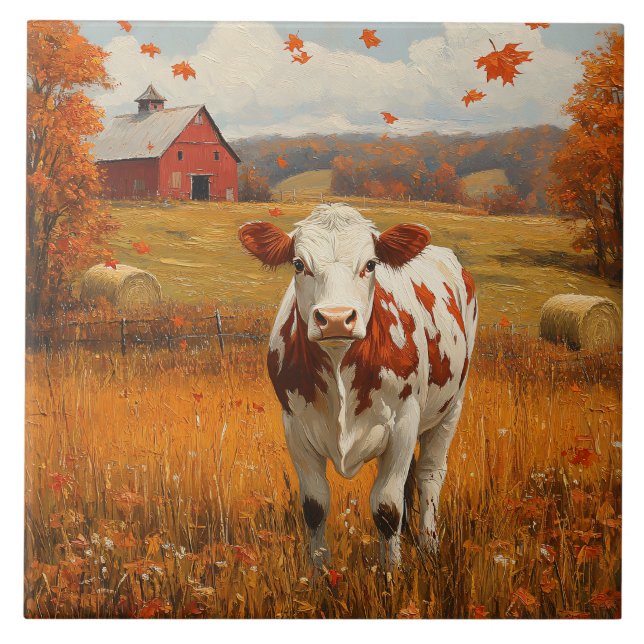 Azulejo Vaca lechera paisaje de granja de otoño (Frente)