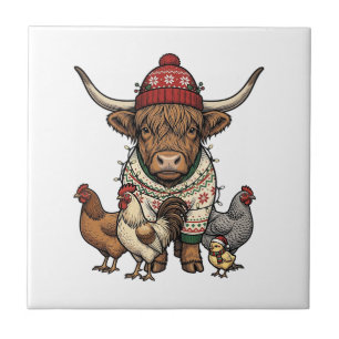 Azulejo Vaca navideña de las Tierras Altas y pollitos grab
