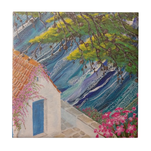 Azulejo Vacaciones griegas azules y rosas (Frente)