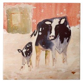 Azulejo Vacas en esmalte cerámico invernal (6 x 6 pulgadas