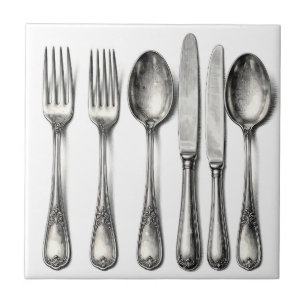 Azulejo Vajilla de plata antigua cubiertos de cocina ornam