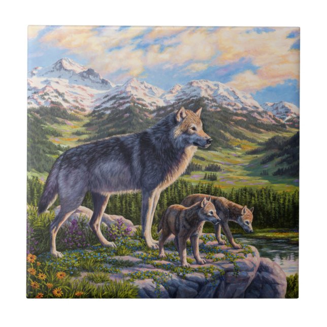 Azulejo Valle del Río de las Montañas Madre Lobo y Pups (Frente)