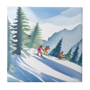 Azulejo Vamos a Esquiar   Pintura Acuarela de Invierno