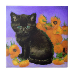 Azulejo Van Gogh Black Kitten con girasoles