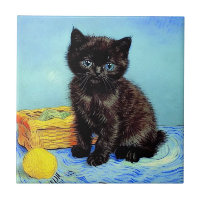 Azulejo Van Gogh Black Kitten con yarn (Frente)