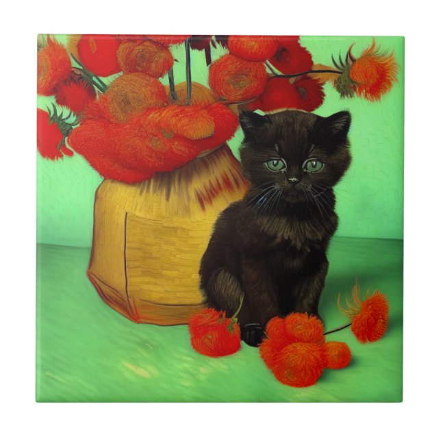 Azulejo Van Gogh Black Kitten Red Flowers (Frente)