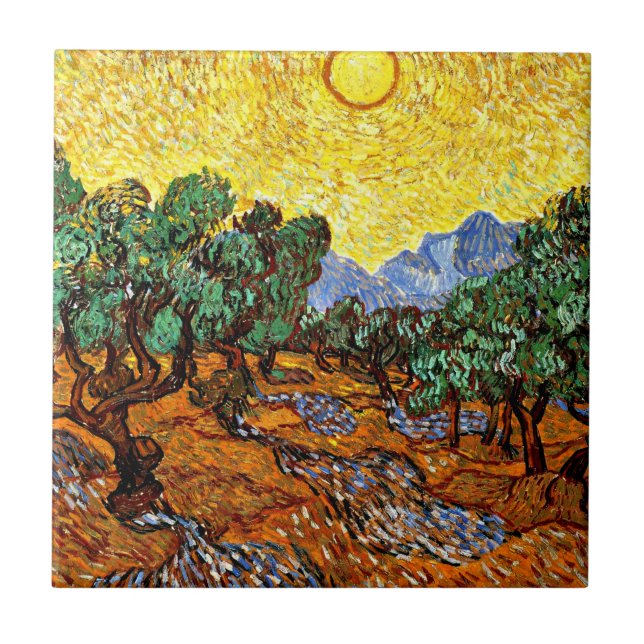 Azulejo Van Gogh - Olivos con cielo y sol amarillos (Frente)