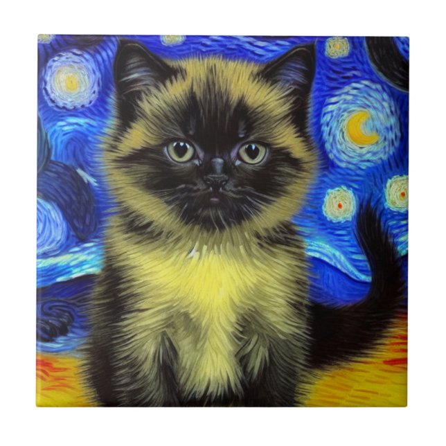 Azulejo Van Gogh Starry Night Siamese Cat (Frente)
