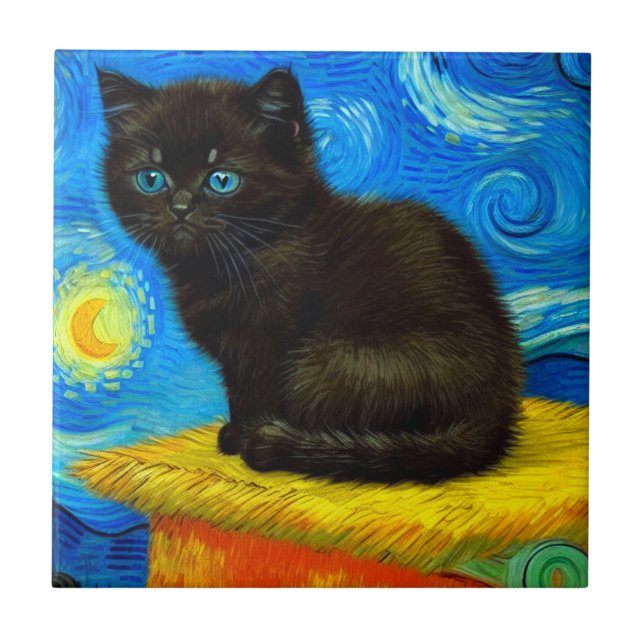 Azulejo Van Gogh Style Starry Night Cat (Frente)