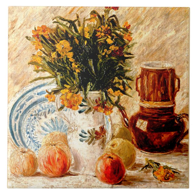 Azulejo Van Gogh - Vida muerta con café y flores (Frente)