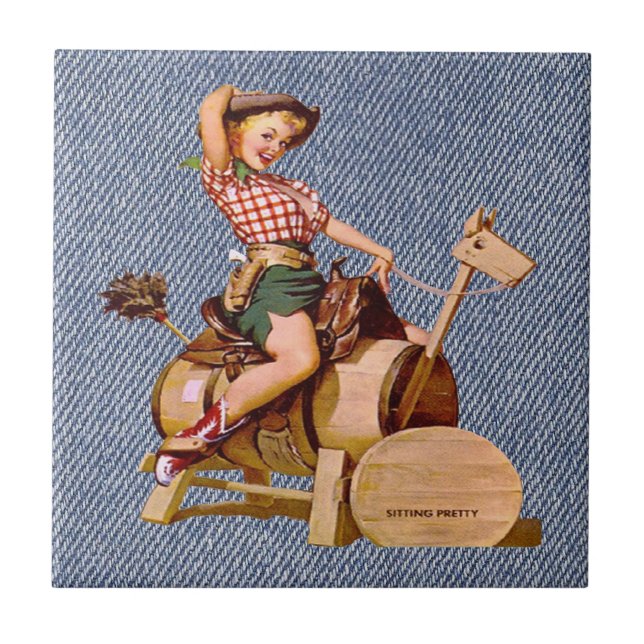 Azulejo Vaquera occidental del vintage en caballo de (Frente)