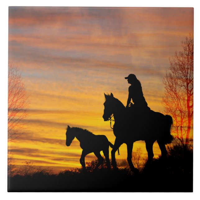 Azulejo Vaquera Sunset Horseback Rienda Cerámica Tile (Frente)