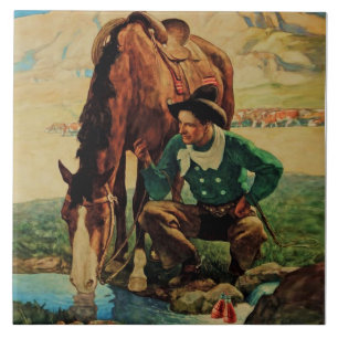Azulejo Vaquero dando agua a su caballo por NC Wyeth
