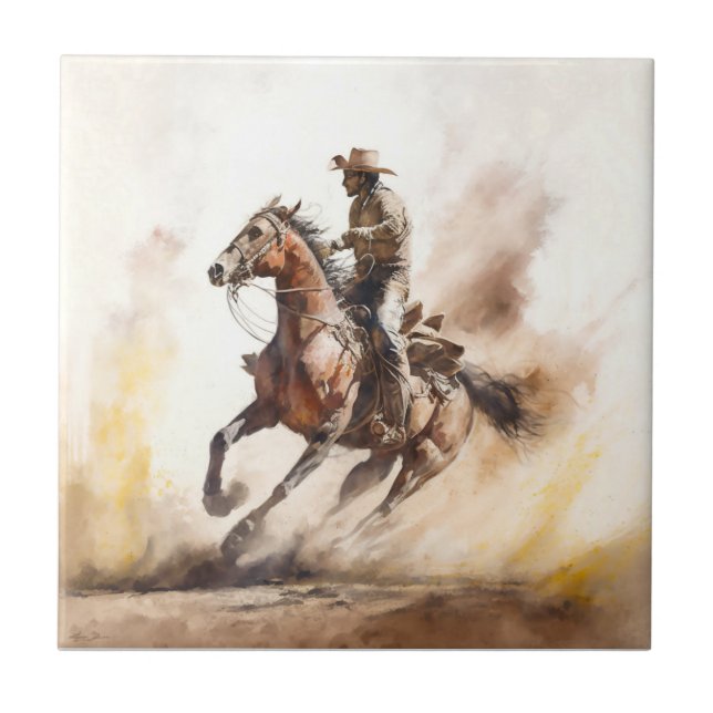 Azulejo Vaquero occidental polvoriento a lomos de mustang  (Frente)