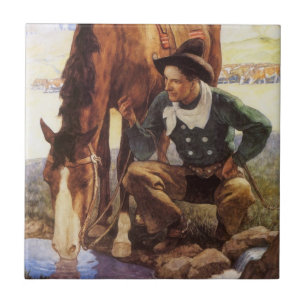 Azulejo Vaquero Regando a Su Caballo por NC Wyeth, Arte An