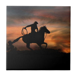 Azulejo Vaquero y caballo del suroeste al atardecer