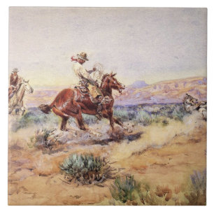 Azulejo Vaqueros atrapando un lobo con un Lasso Rojo