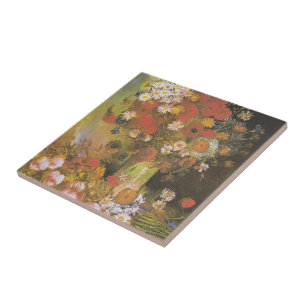 Azulejo Vase con cornflores y cachorros, peonías y crisant