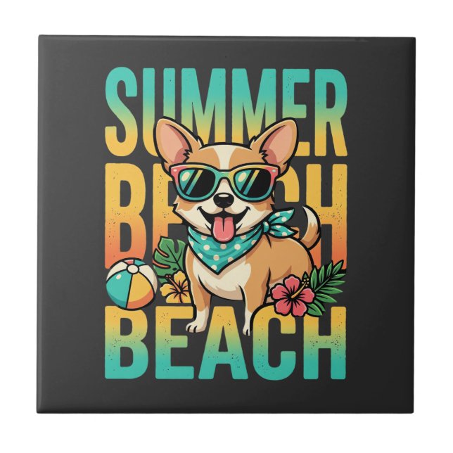 Azulejo Vector de vacaciones de perro en la playa de veran (Frente)