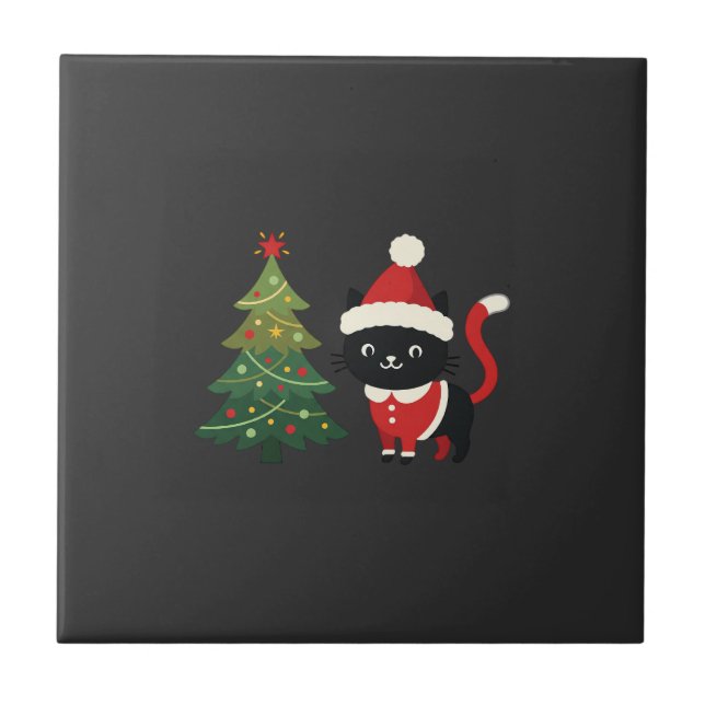 Azulejo Vector gato de Navidad Santa árbol (Frente)