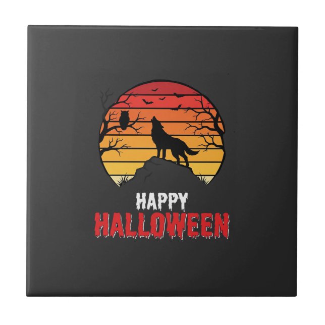 Azulejo Vector Lobo Atardecer Feliz Halloween (Frente)