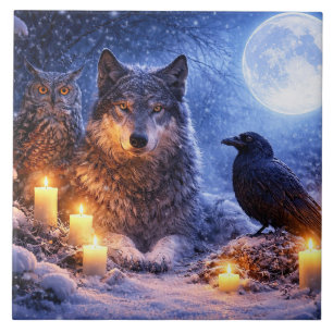 Azulejo Velas del solsticio de invierno Lobo Cuervo y Búho