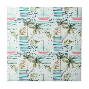 Azulejo Velero de la acuarela con el modelo de la palmera