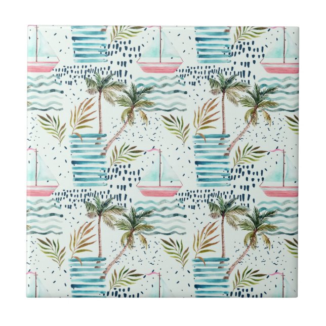 Azulejo Velero de la acuarela con el modelo de la palmera (Frente)