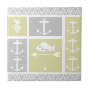 Azulejo Veleta de pez de ancla gris y amarillo náutico