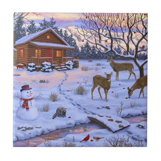 Azulejo Venado De Cabina De Invierno En Escena De Navidade (Frente)