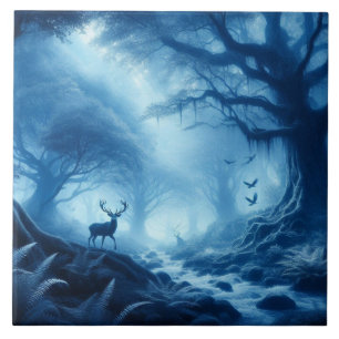 Azulejo Venado en un bosque oscuro de niebla azul
