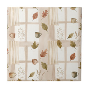 Azulejo Ventana acogedora de otoño y tazas de café en tono