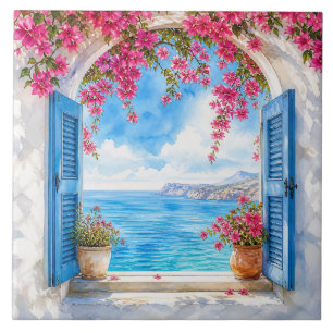 Azulejo Ventana costera mediterránea al estilo de Santorin