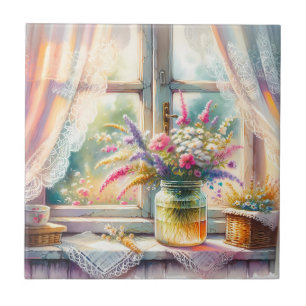Azulejo Ventana de cabaña soleada con flores silvestres