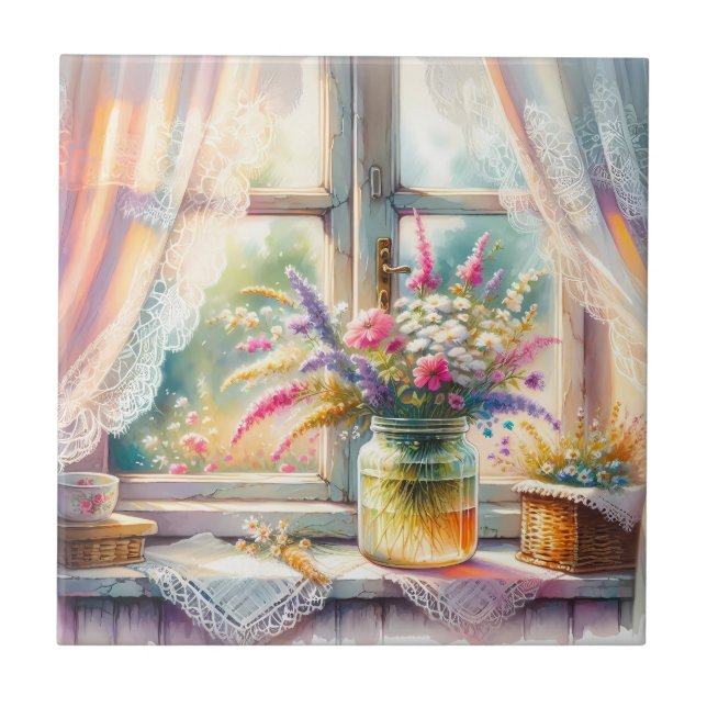 Azulejo Ventana de cabaña soleada con flores silvestres (Frente)