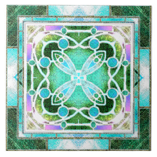 Azulejo Ventana de catedral de vidrio emplomado en verde y