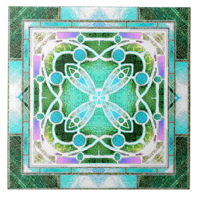 Azulejo Ventana de la Catedral de Vidrio Manchado en Verde (Frente)