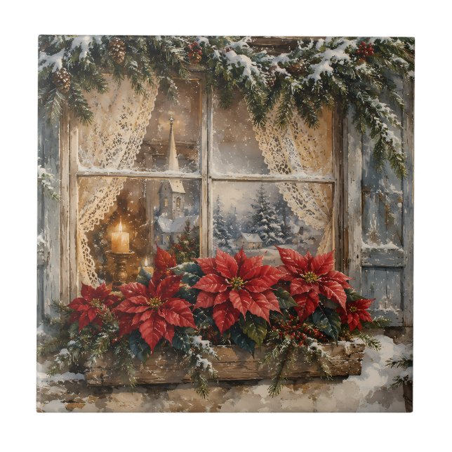 Azulejo Ventana de Navidad con Poinsettia Nevada (Frente)