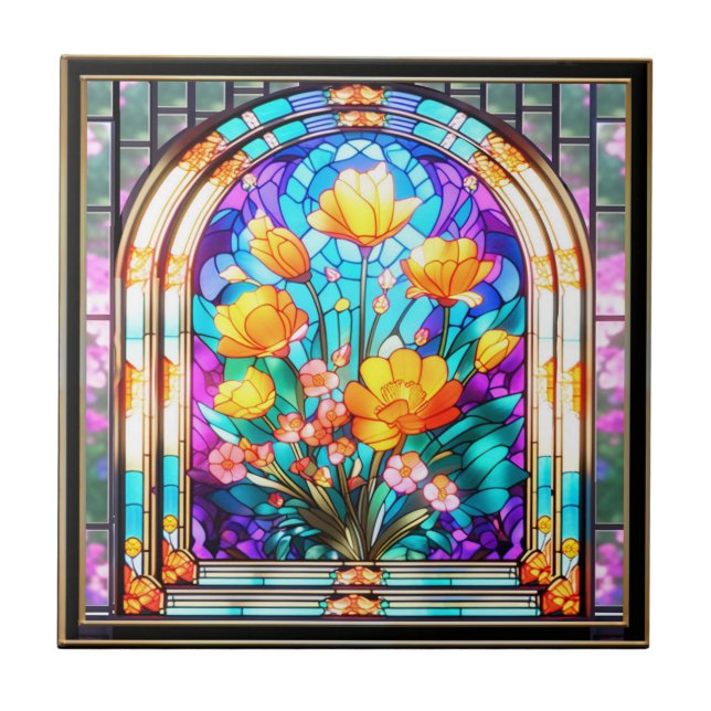 Azulejo Ventana Flores Diseño Art Deco Tile Cerámico (Frente)