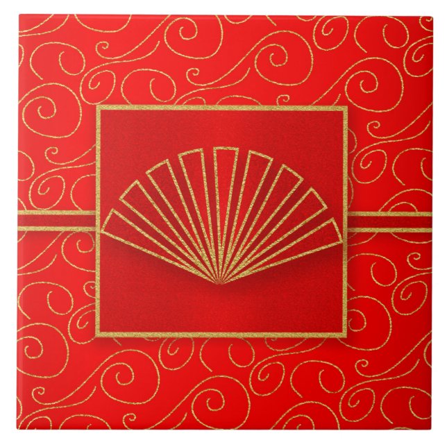 Azulejo Ventilador abierto chino en falso Purpurina de oro (Frente)