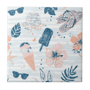 Azulejo Verano Playa Tropical Azul Coral Rayado 