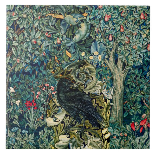 AZULEJO VERDAD, ANIMALES FORESTALES, RAVEN EN FLORAL VERDE (Frente)