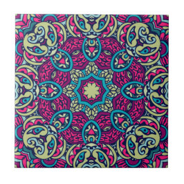 Azulejo Verde azulado, magenta, oro y olivo, Boho Mandala
